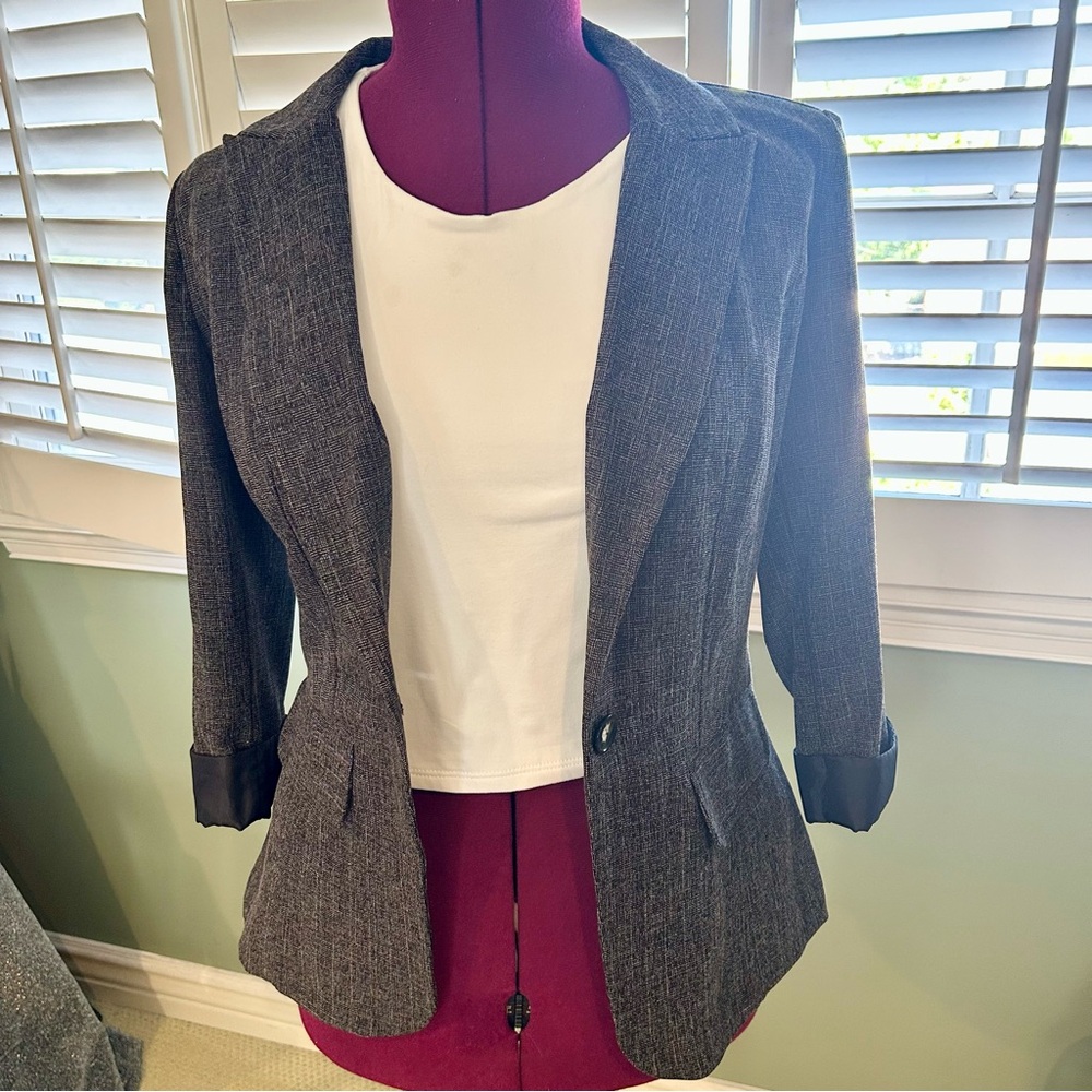 BCX Black and White Tweed 3/4 Sleeve Blazer Juniors Large